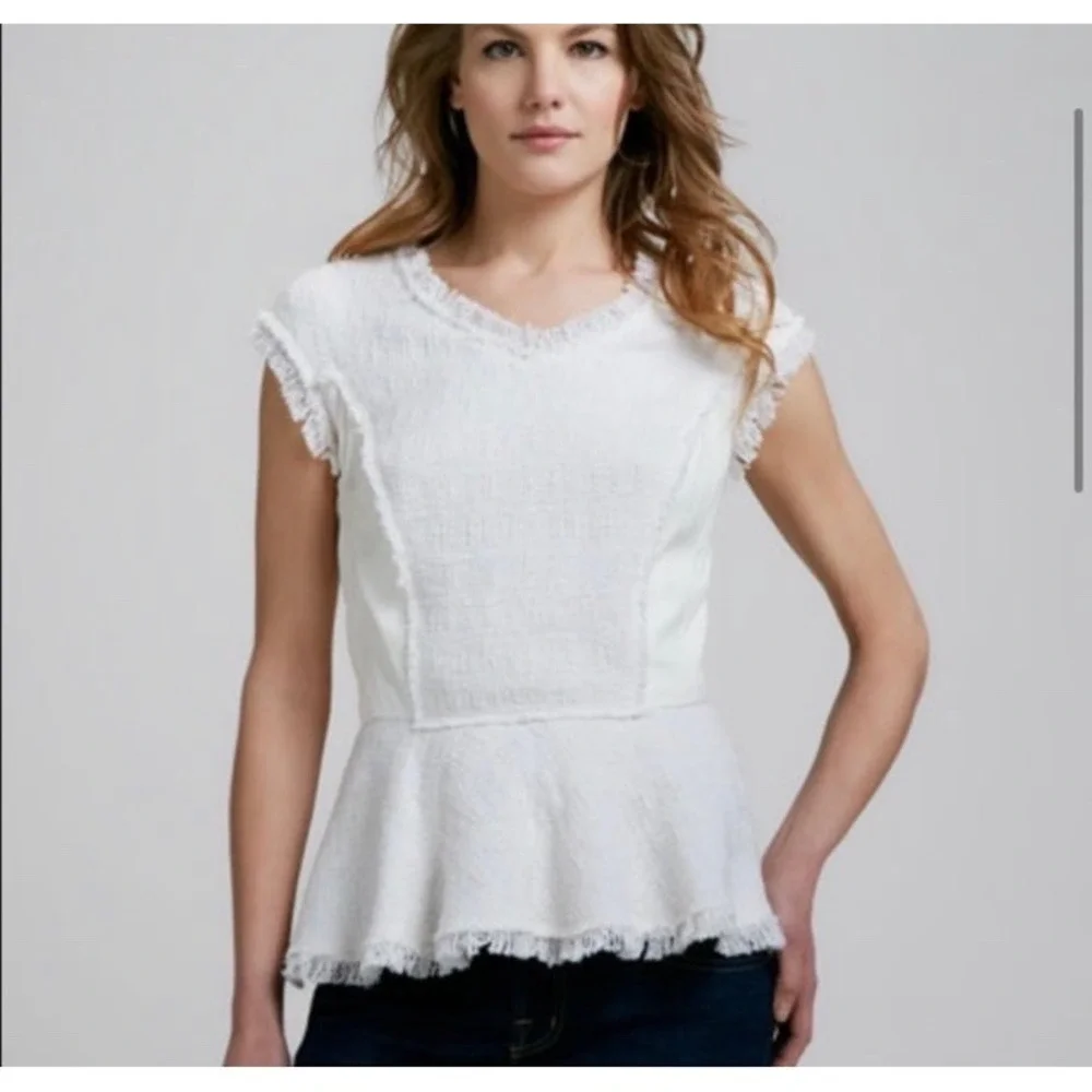 Rebecca Taylor Blouse 4 Tweed Leather‎ Peplum Coquette Old Money Luxury $350 - Picture 5 of 16